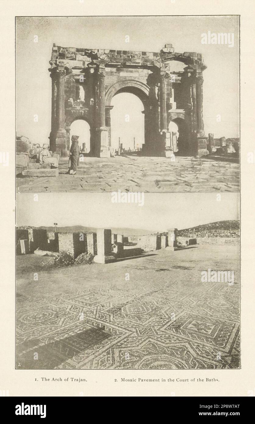 Timgad, Algerien. Arch des Trajan. Mosaikpflaster im Hof der Bäder 1907 Stockfoto