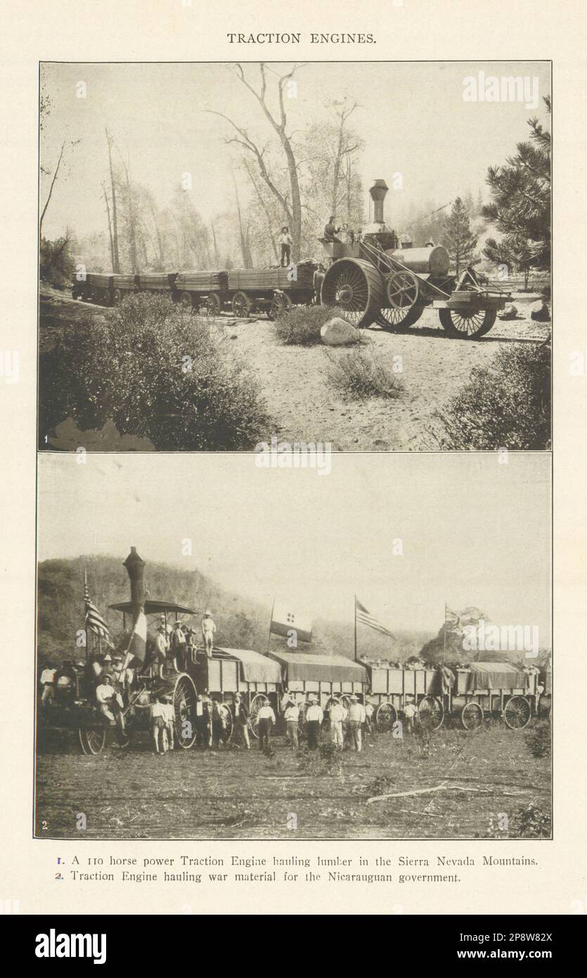 Traktionsmotoren, die Holz, Sierra Nevada und Munition transportieren, Nicaragua 1907 Stockfoto