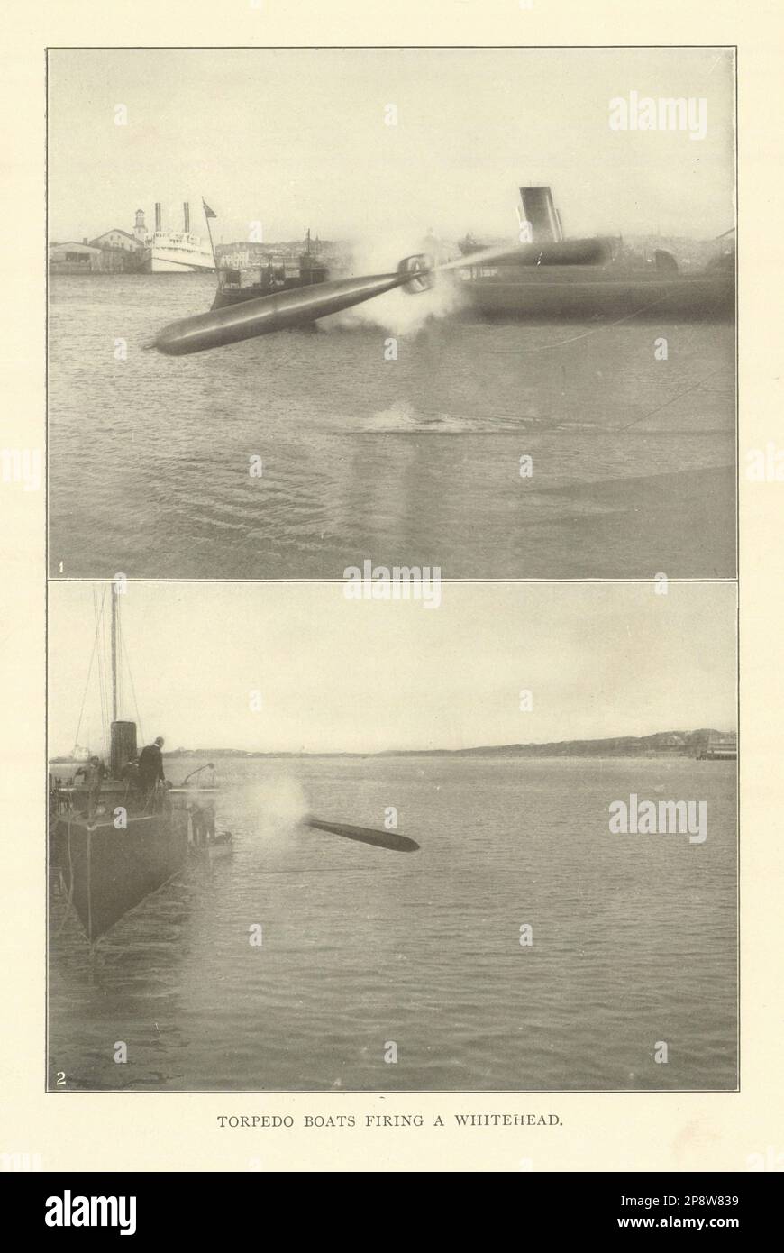 Torpedo Boats feuert Einen Whitehead ab. Militaria 1907 Jahre altes antikes Druckbild Stockfoto