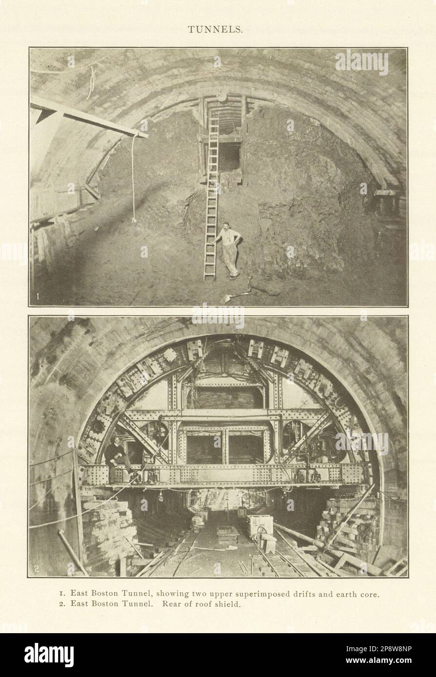 East Boston Tunnel, überlagerte Drifts und Erdkern. Rückseite der Dachabdeckung 1907 Stockfoto