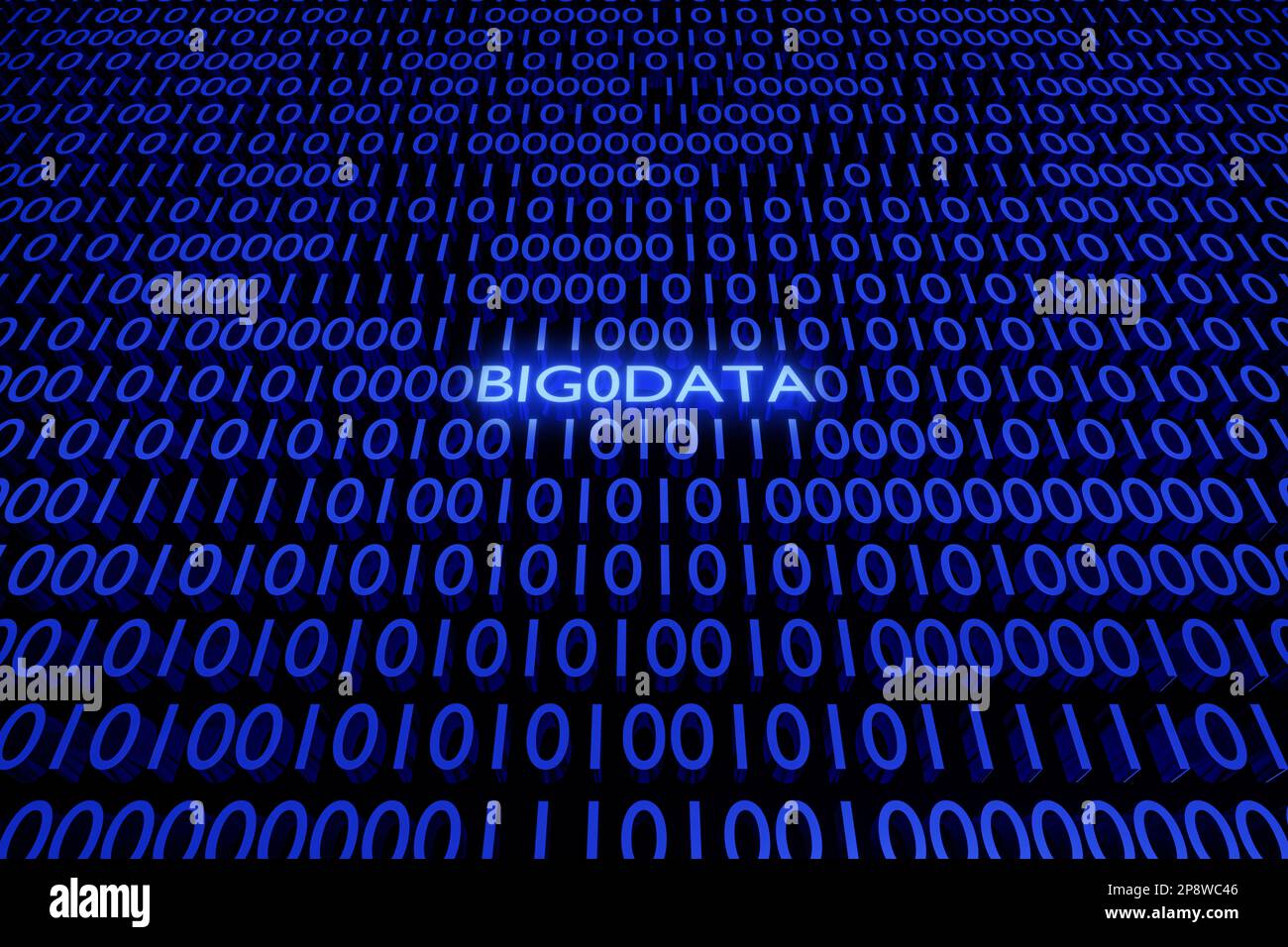 3D Darstellung von Big-Data-Text zwischen 0- und 1-Zahlen-Pinnwand. Null und eine Stelle. Stockfoto