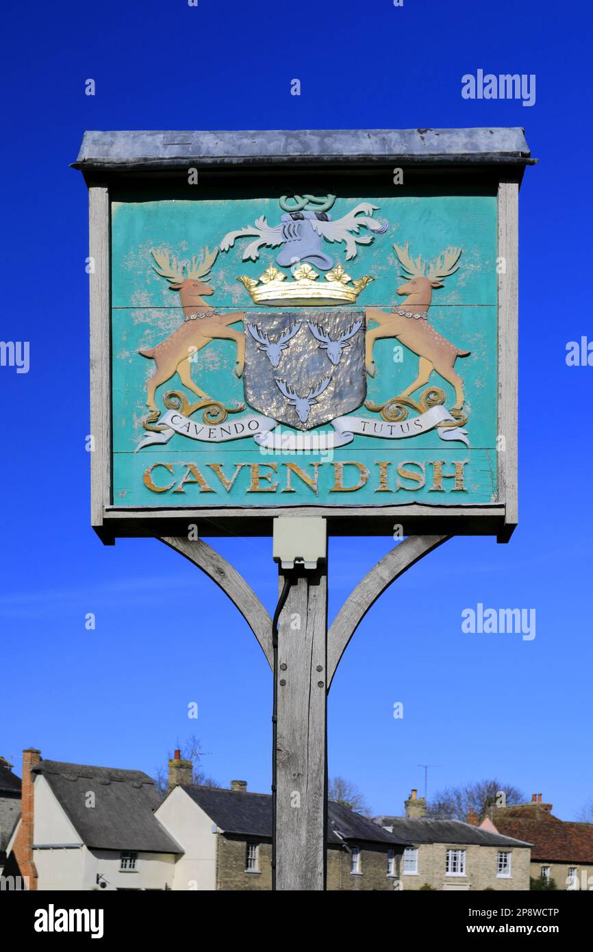 Schild für das Dorf Cavendish, Suffolk, England, Großbritannien Stockfoto