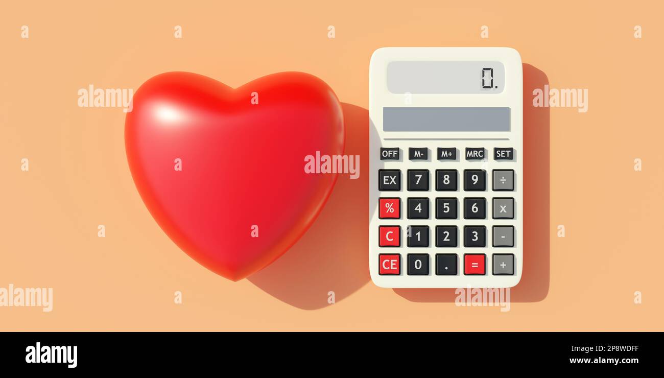 Taschenrechner weiß digital, Nullbildschirm und rotes Herz auf pfirsichfarbenem Hintergrund. Gesundheitswesen und Kosten, medizinische Versorgung und Geldkonzept. 3D-Rendern Stockfoto
