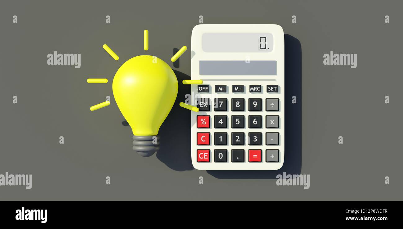 Taschenrechner und Glühbirne, Stromkosten und Innovationskonzept für Unternehmen, 3D-Rendering Stockfoto