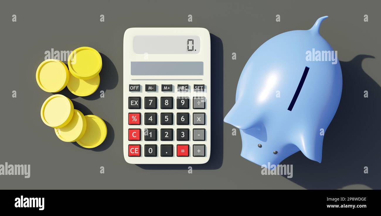 Taschenrechner Sparschwein und Goldmünzen auf grauem schwarzem Hintergrund. Konzept für Einsparungen und Erträge. 3D-Rendern Stockfoto
