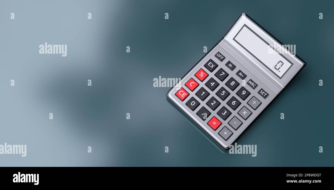 Taschenrechner silber digital, Nullbildschirm auf leerem grauen blauen Hintergrund. Metallgerät mit Taste für arithmetischen Betrieb. Platz für Text. 3D-Rendern Stockfoto