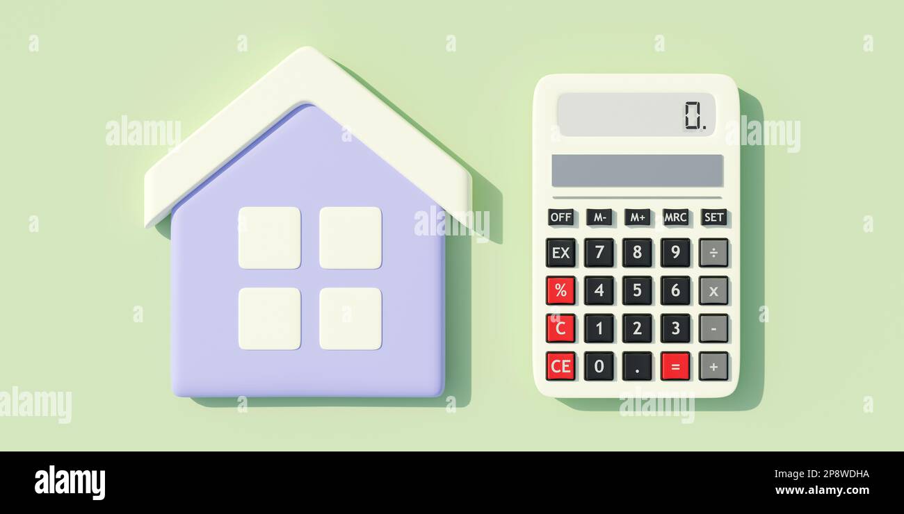 Taschenrechner weiß digital, Nullbildschirm und kleines Zuhause auf hellgrünem Hintergrund. Immobilienverkauf, Kauf, Miete. 3D-Rendern Stockfoto