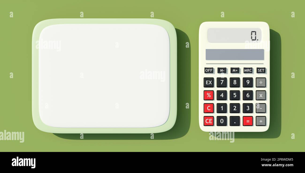 Taschenrechner weiß digital, Nullbildschirm und leere gerahmte Tafel auf pastellgrünem Hintergrund. Vorlage veröffentlichen, Platz für Text. 3D-Rendern Stockfoto