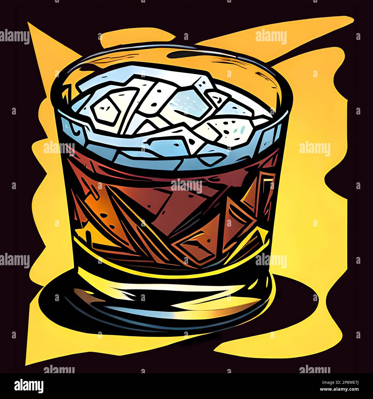 Whiskey mit Eiswürfeln in einem Kristallglas. Stillleben, Pop-Art-Stil. Grenerative KI Stockfoto