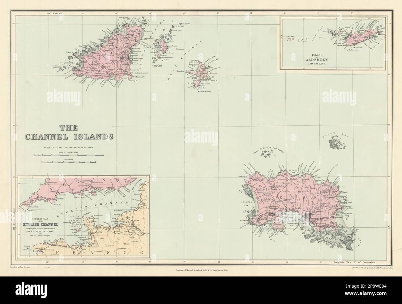 Kanalinseln. Guernsey Jersey Alderney Sark Herm Caskets. STANFORD 1904 Karte Stockfoto
