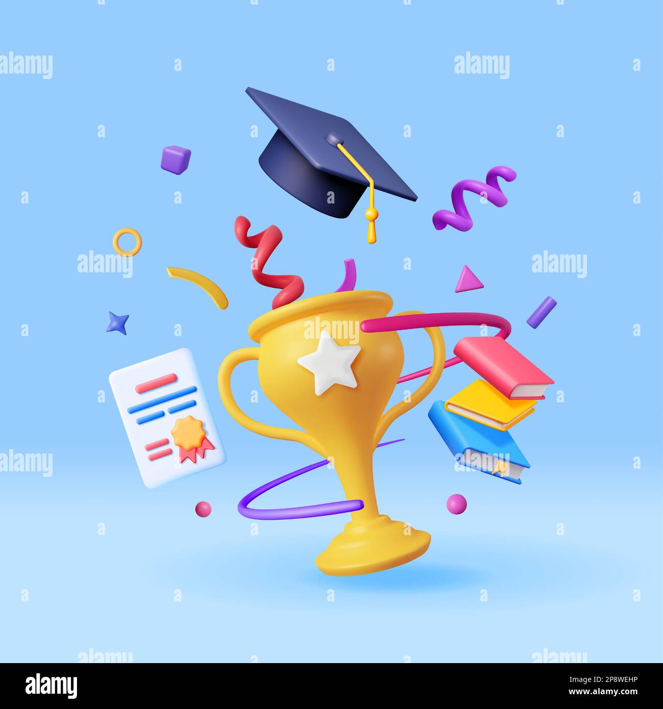 3D Goldtrophäe, Bücherstapel und Graduationsmappe Stock Vektor