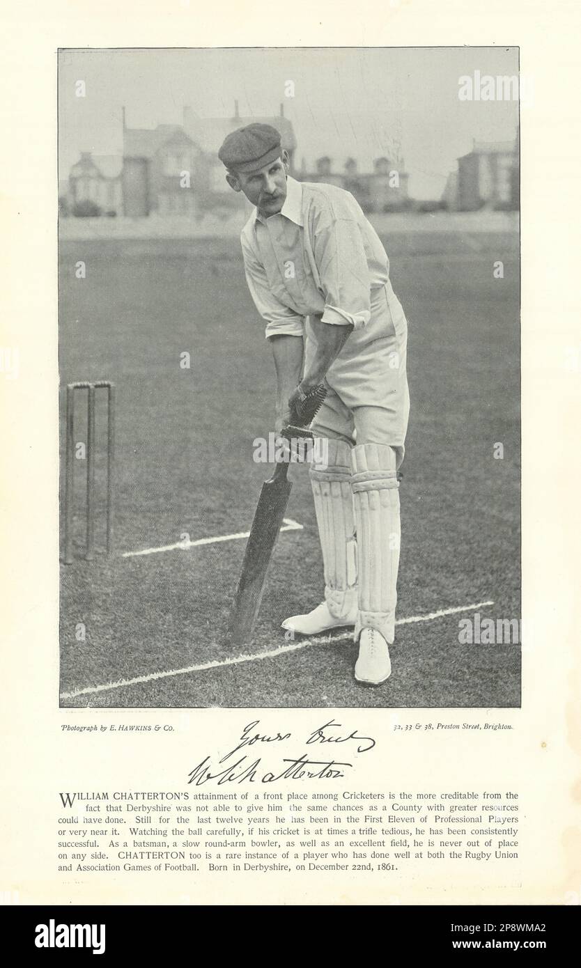 William Chatterton. Allrounder. Derbyshire Cricketer 1895 alter Antiquitätendruck Stockfoto