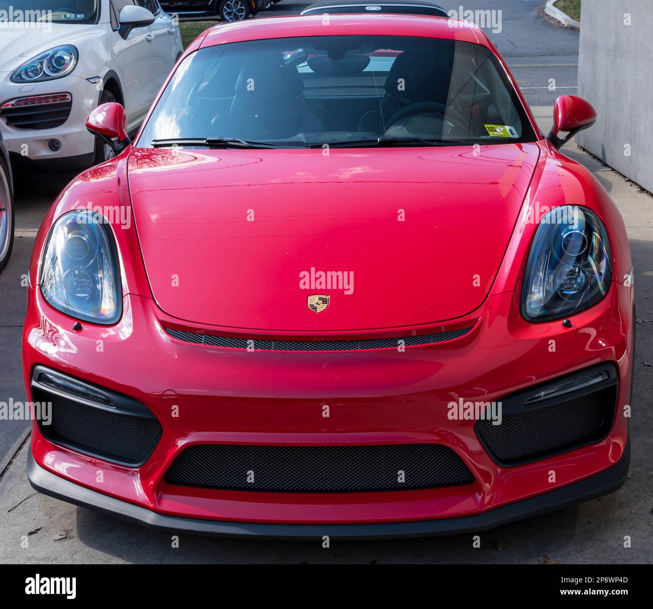 Ein gebrauchtes rotes Porsche-Coupé, das bei einem Händler in Sewickley, Pennsylvania, USA, verkauft wird Stockfoto