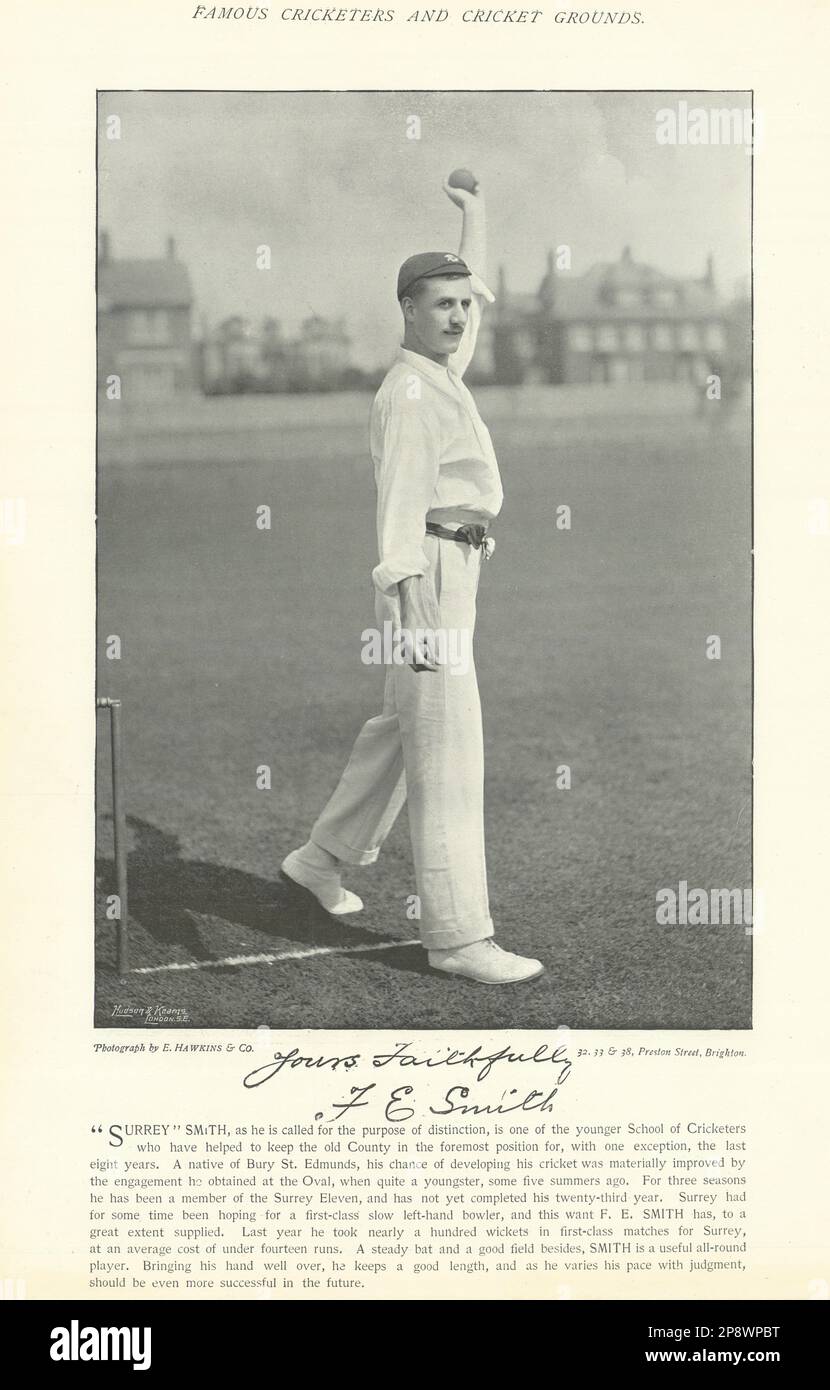 Frank Ernest Smith. Der linke Arm dreht den Bowler. Surrey Cricketer 1895 alter Aufdruck Stockfoto
