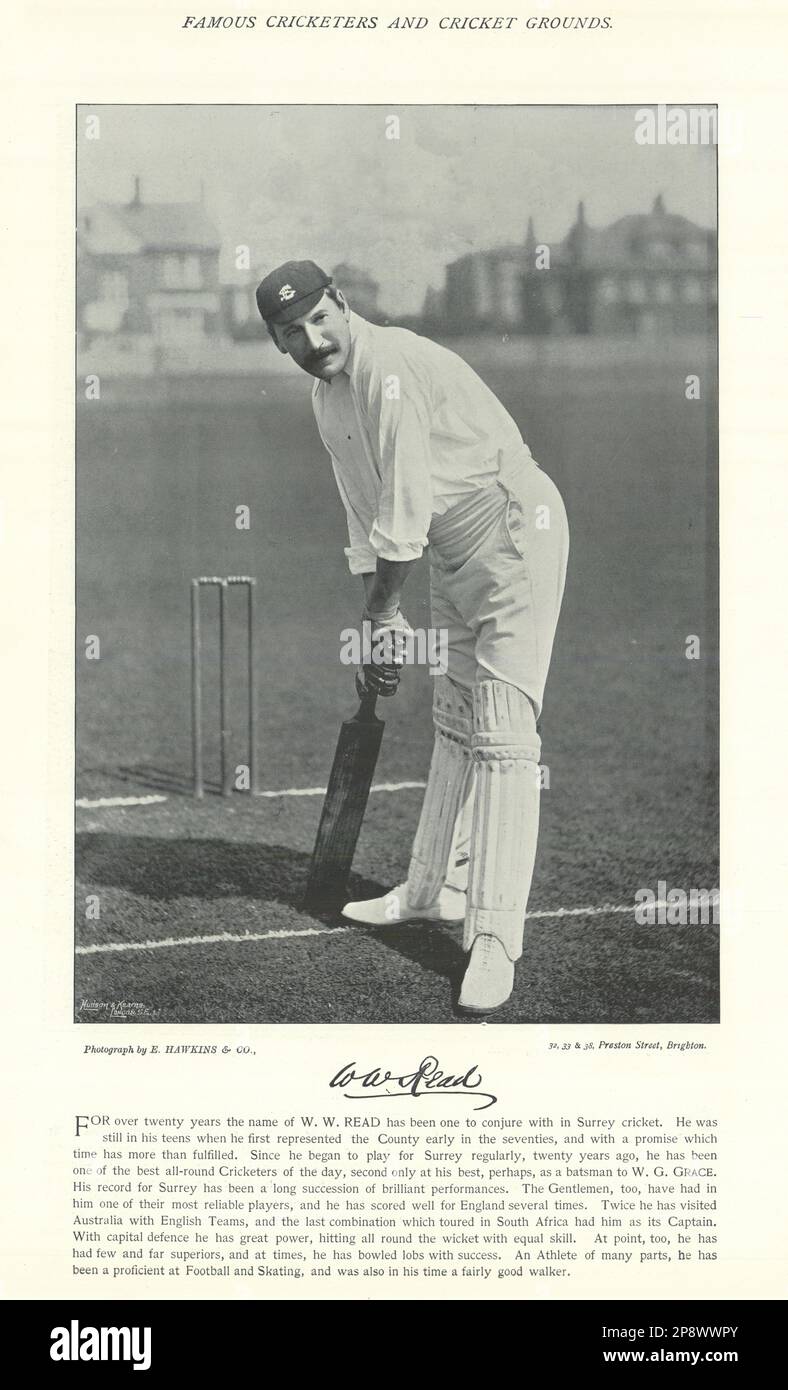 Walter William Read. Schlagmann. England-Kapitän. Surrey Cricketer 1895 alter Aufdruck Stockfoto