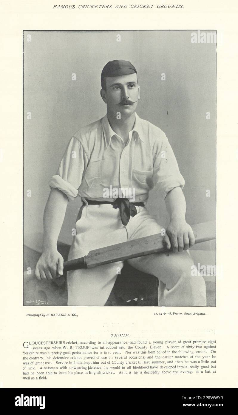 Walter Troup. Schlagmann. Gloucestershire Cricketer 1895 alter Antiquitätendruck Stockfoto