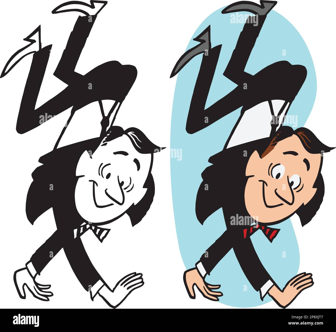 Ein klassischer Retro-Cartoon eines Geschäftsmannes, der auf seinen Händen läuft. Stock Vektor