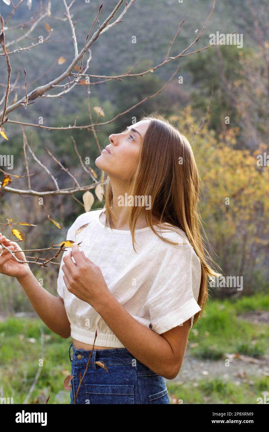 Eine stilvolle junge Frau in der Natur, die in die Bäume blickt, bietet einen friedlichen Moment Stockfoto