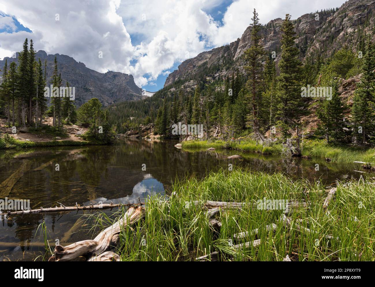 Das subalpine Loch Vale ist umgeben von majestätischen Bergen entlang der kontinentalen Wasserscheide und Gletschern im Rocky Mountain National Park, Colorado. Stockfoto