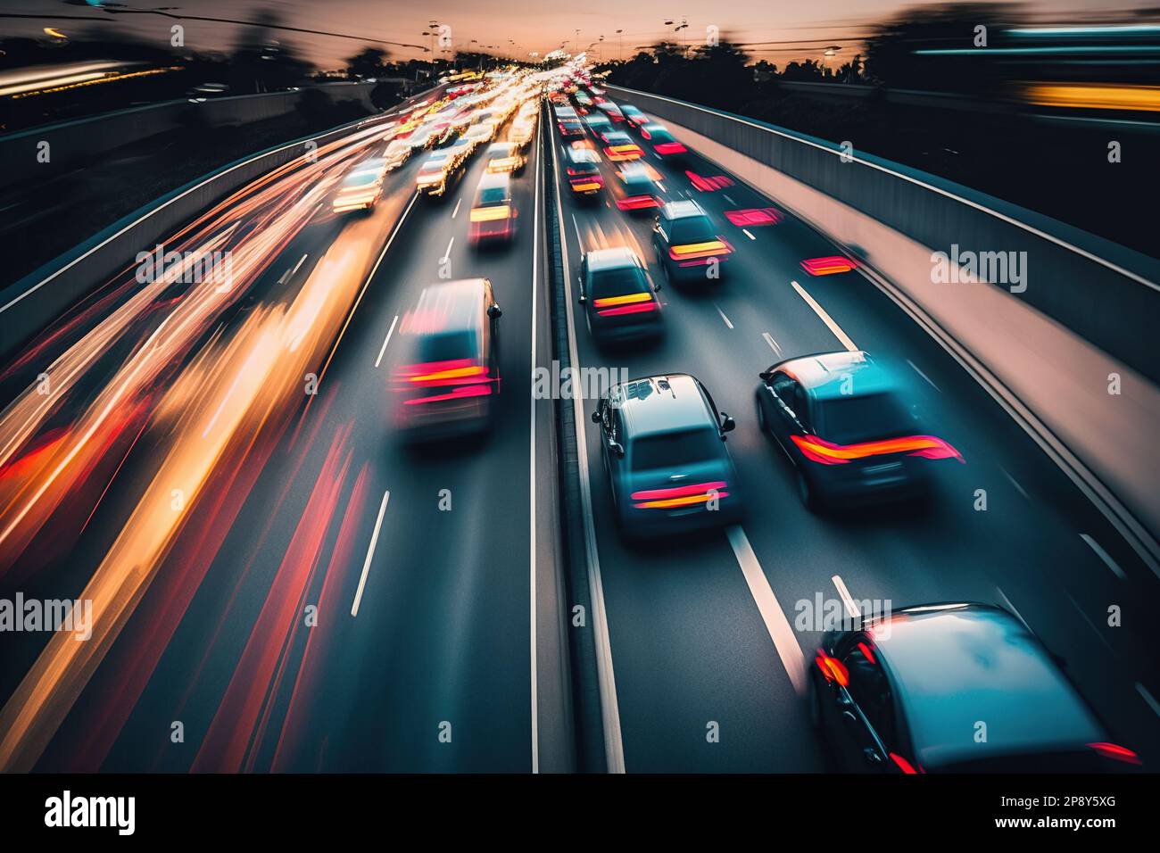 Fahrzeuge bei Sonnenuntergang, die sich schnell auf einer breiten Autobahn bewegen, lange Belichtung mit Lichterspuren Stockfoto