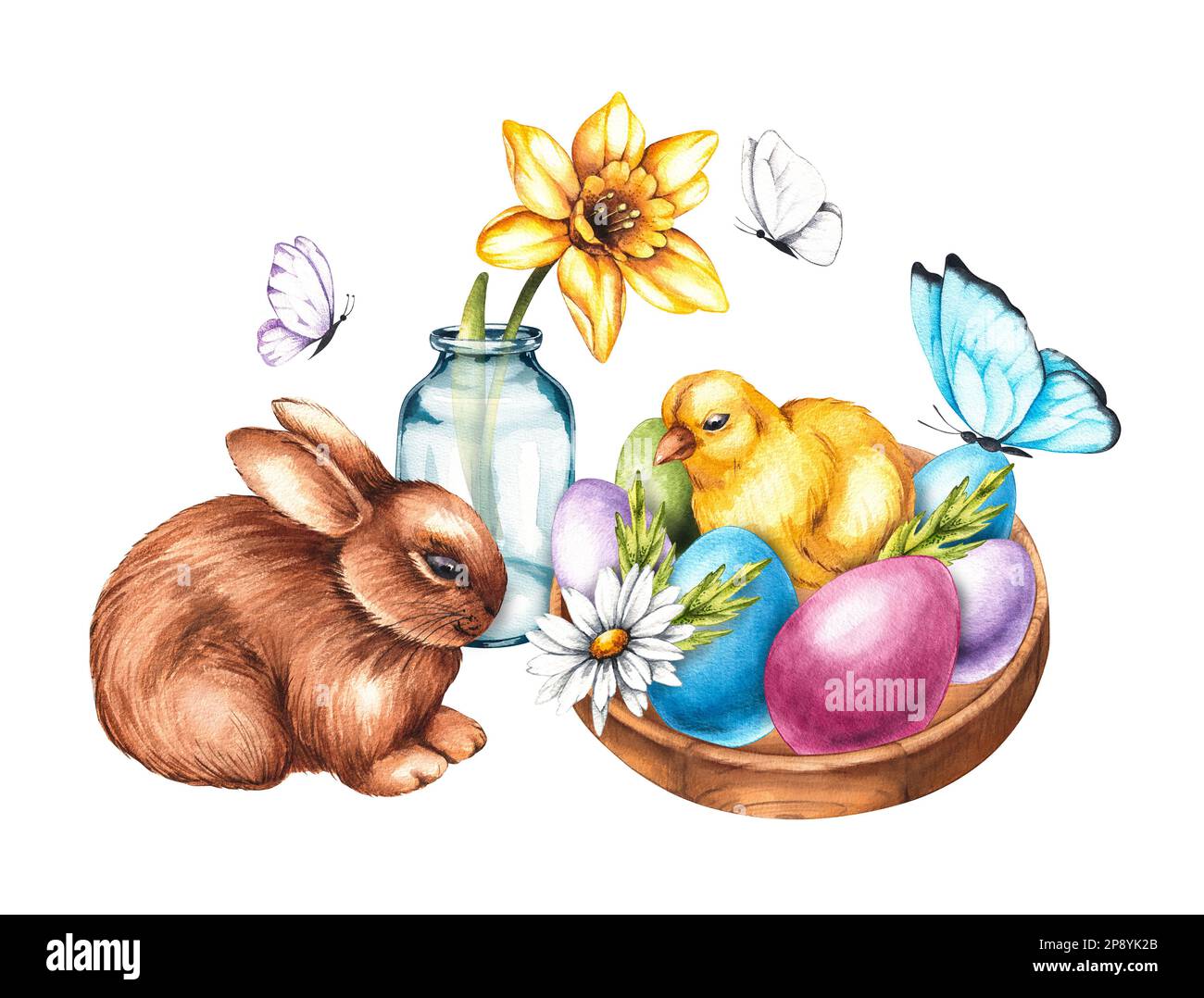 Aquarell Ostern Kompositionen mit Hasen, Küken, Eiern, Frühlingsblumen in einer Glasvase. Osterzusammensetzung auf weißem Hintergrund isoliert für Verpackungen Stockfoto