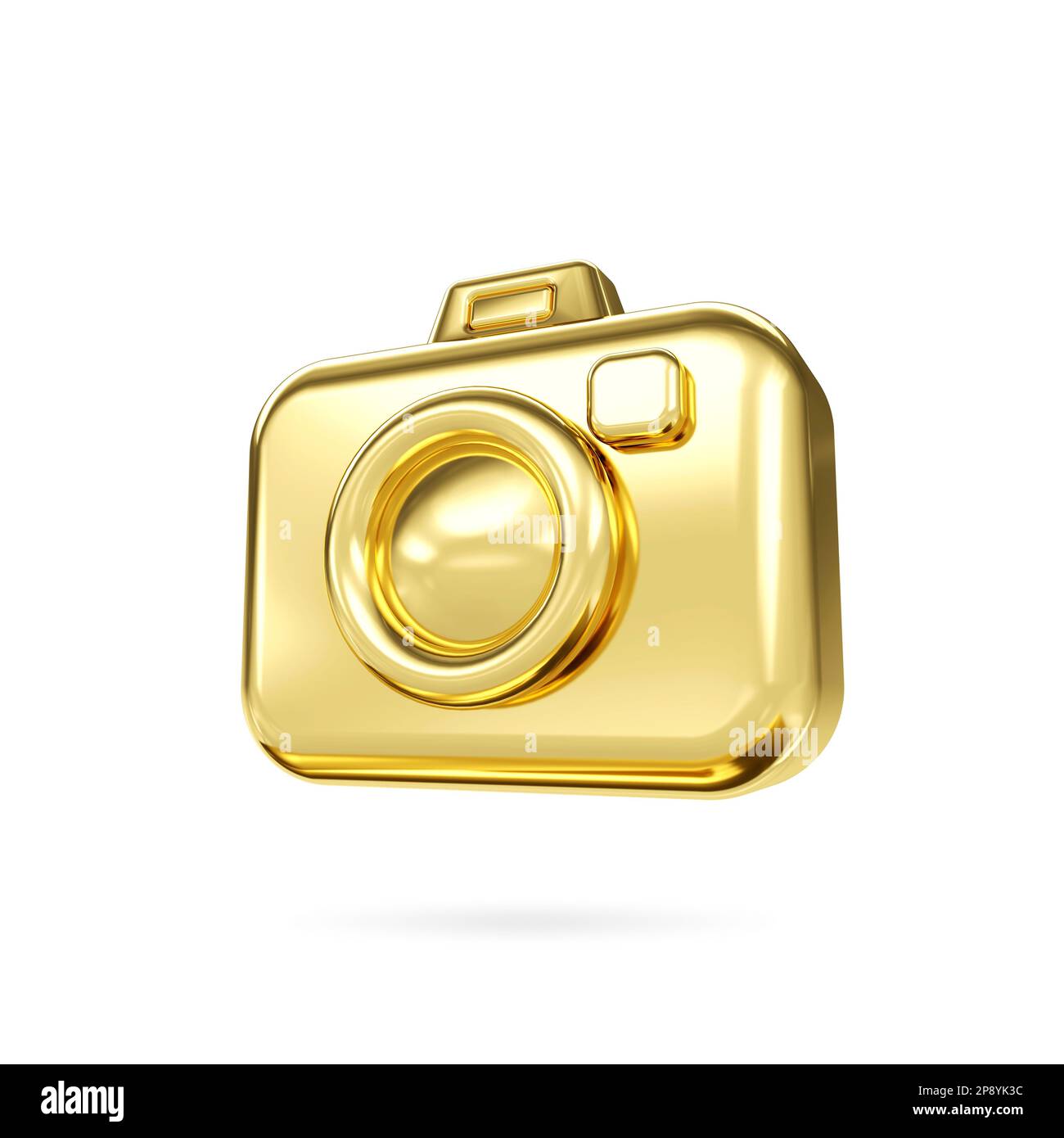 Goldenes Symbol für Fotokamera 3D. 3D einfache goldene Kamera mit Objektivsymbol. Konzepttechnologie und Schnappschuss-Fotografie. 3D-Rendering Stockfoto