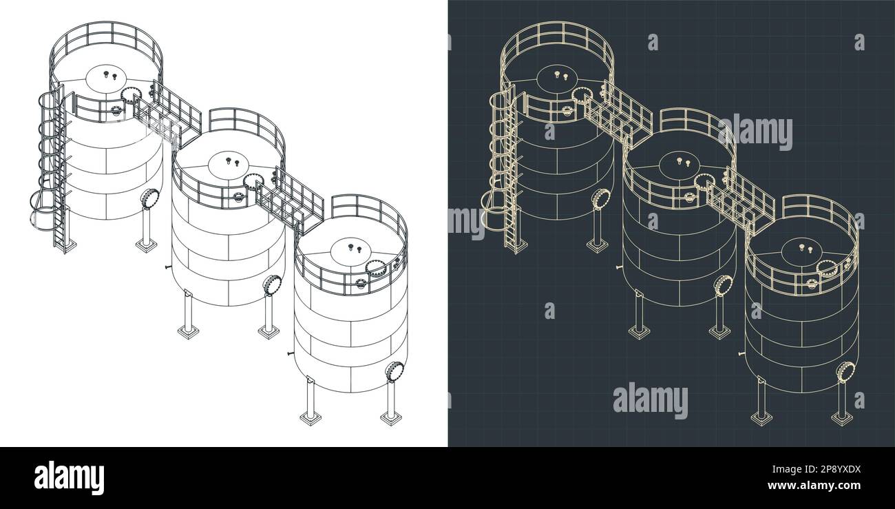 Stilisierte Vektordarstellung isometrischer Blaupausen grosser Gärbehälter aus Edelstahl Stock Vektor