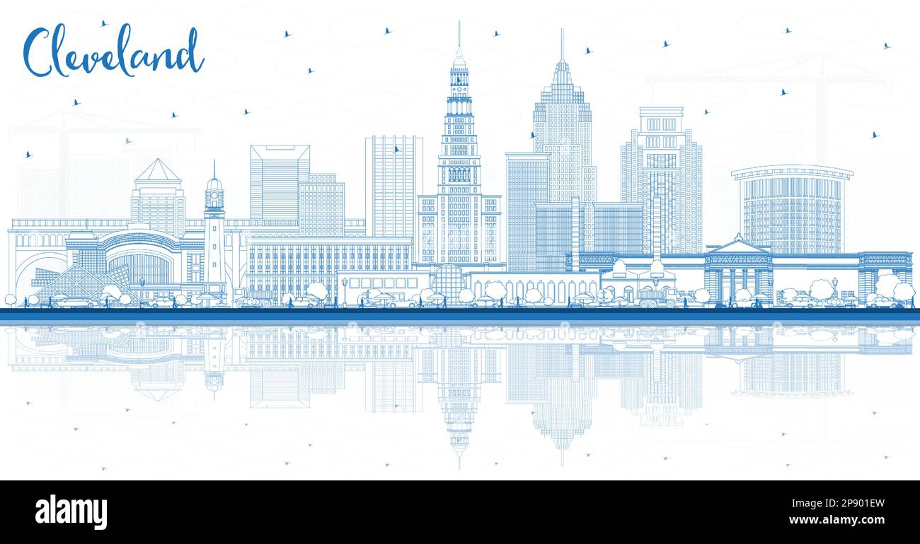 Umreißen Sie die Skyline von Cleveland Ohio mit blauen Gebäuden und Reflexionen. Vektordarstellung. Cleveland USA mit Wahrzeichen. Stock Vektor