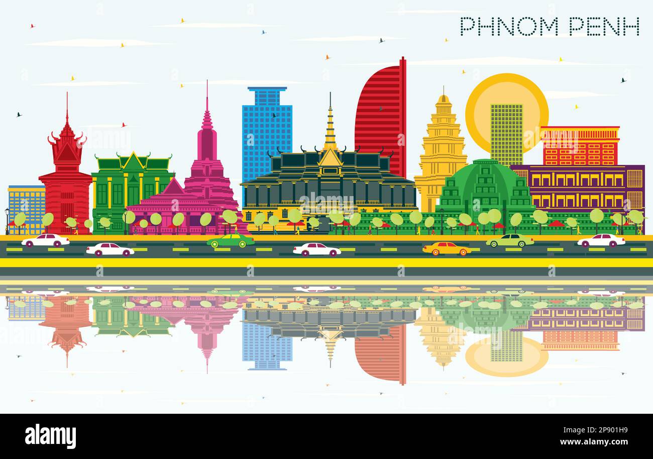 Phnom Penh Kambodscha Skyline der Stadt mit Gebäuden, blauer Himmel und Reflexionen. Vector Illustration. Reise und Tourismus Konzept. Stock Vektor