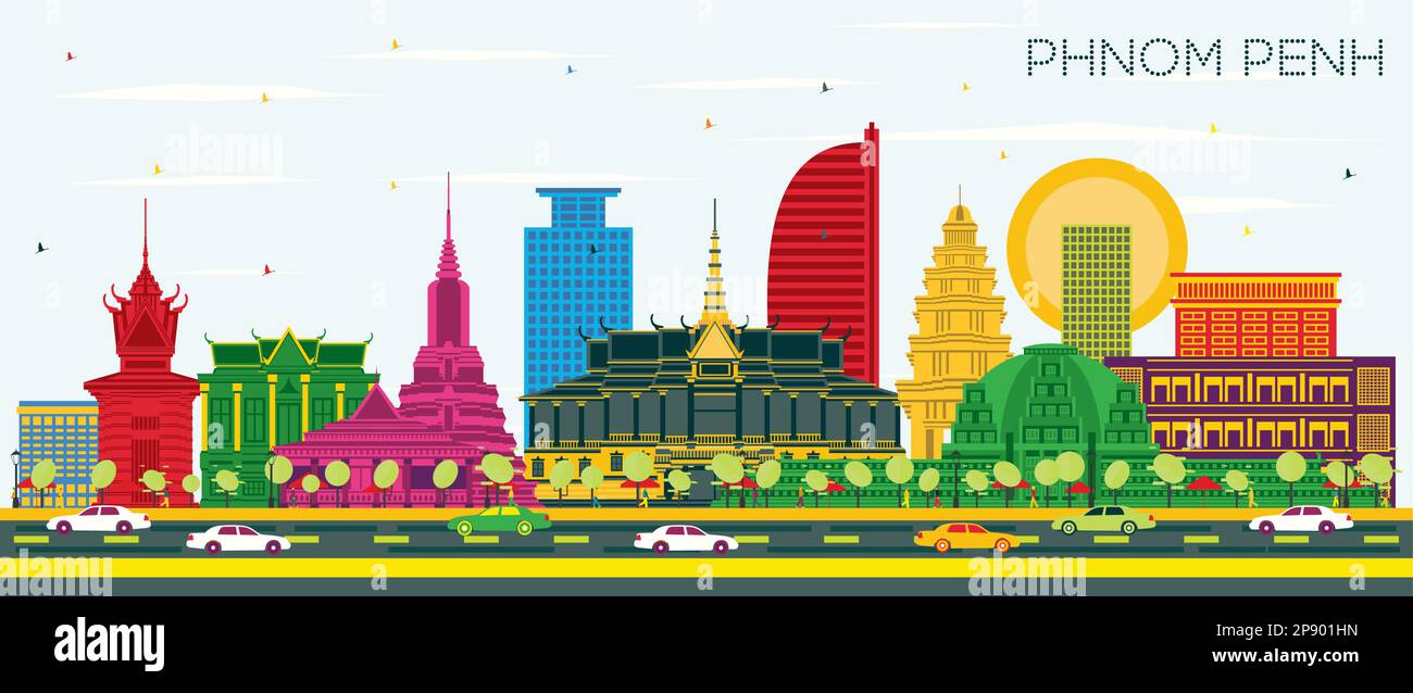 Phnom Penh Kambodscha Skyline der Stadt mit Gebäuden und blauer Himmel. Vector Illustration. Business Travel und Tourismus Konzept. Stock Vektor