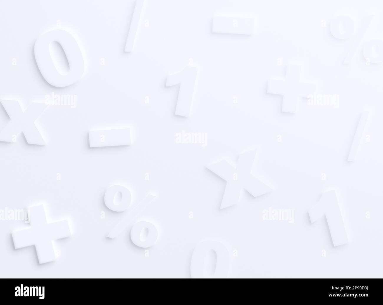 Viele weiße mathematische Symbole auf weißem Hintergrund mit Schatten oder 3D-Effekt. Abstrakter konzeptioneller Vollformathintergrund mit hoher Auflösung. Stockfoto