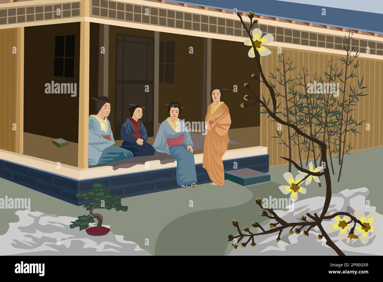 Japanische Frauen in Teehäusern im Retro-Stil, die alte japanische Kultur wie Bonsai illustrieren Stockfoto