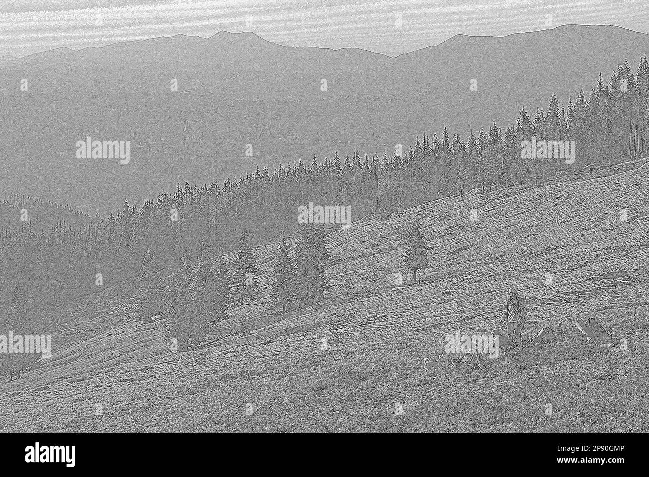 Hügel mit Wald und ruhenden Reisenden, die handgezeichnete Zeichnungen gravieren. Fotorealistische Schwarzweiß-Landschaftszeichnung. Hochwertiger Naturscanner Stockfoto