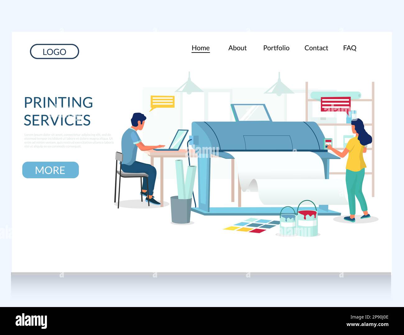 Druckservices – Designvorlage für Landing-Page der Vektor-Website Stock Vektor