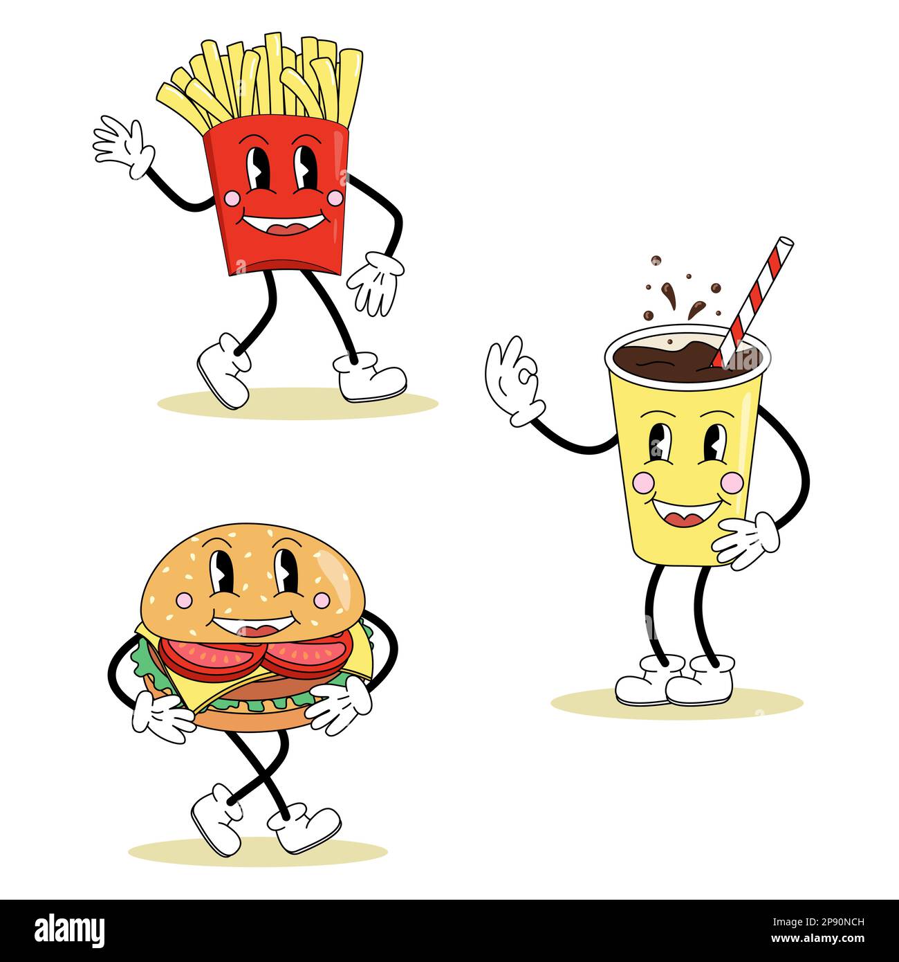Set aus niedlichem Cartoon im Retro-Stil, pommes frites, Cheeseburger, Softdrink, mit Augen, Beine und Arme, Vektordarstellung Stock Vektor