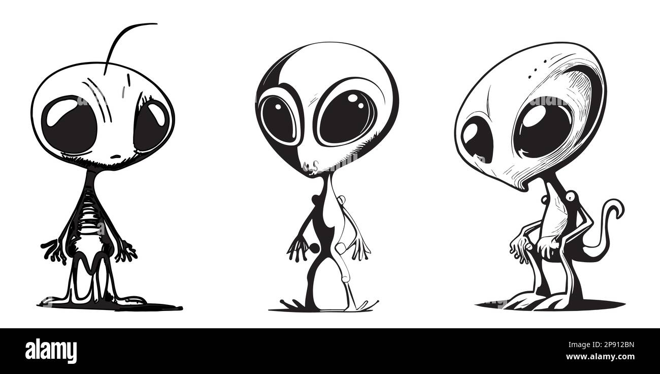 Aliens skizzieren handgezeichnete Illustrationen im Cartoon-Stil  Stock-Vektorgrafik - Alamy