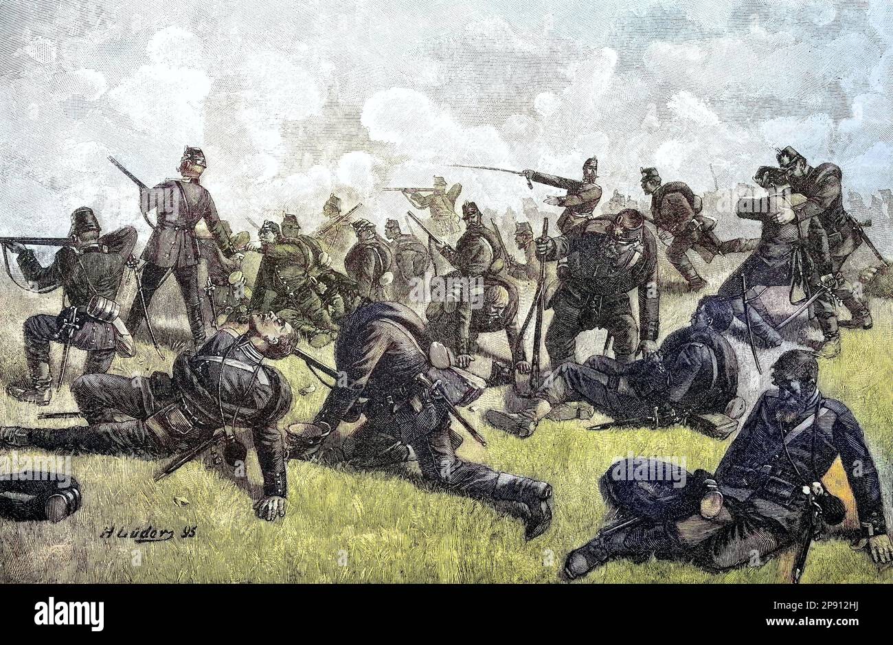 Militärpersonen im Deutsch-Französischen Krieg 1870 - 1871, Guards Rifles Battalion in der Schlacht von Gravelotte, in Frankreich Bataille de Saint-Privat genannt, war eine Schlacht im Französisch-Preußischen Krieg, Historisch, digital restaurierte Reproduktion von einer Vorlage aus dem 19. Hundert Stockfoto