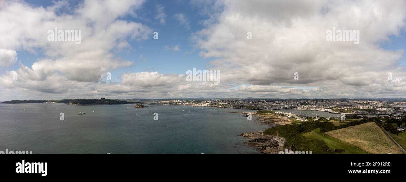 Jennycliff & Plymouth Sound, Plymouth, Devon Luftpanorama Foto Stockfoto