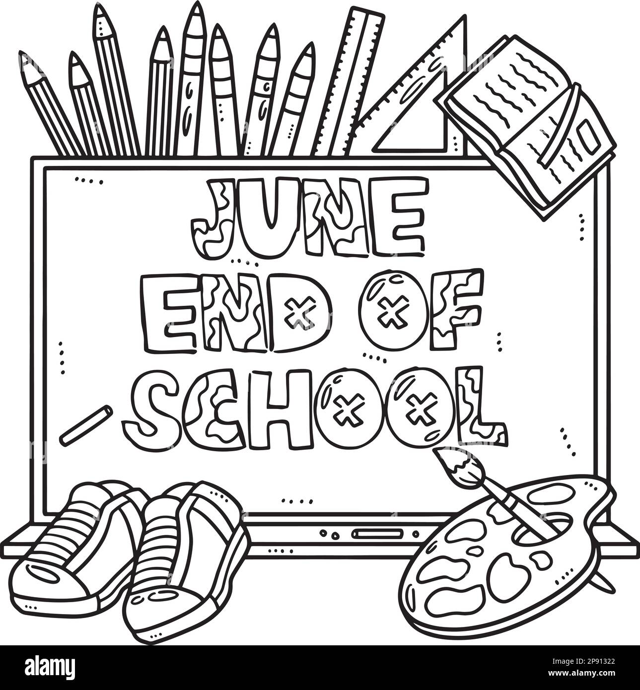 Isolierte Malseite für Kinder am Ende der Schule Stock Vektor