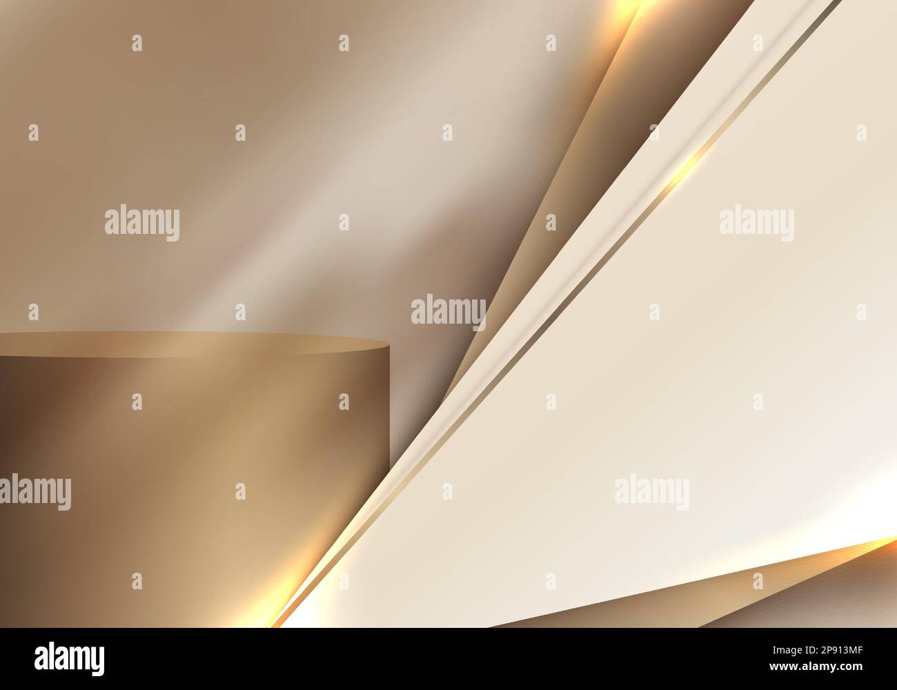 Abstrakte, moderne Luxusausstellung. 3D goldener Podiumständer mit goldenen diagonalen Linien und hellbraunen Dreiecken, die sich überlappen Stock Vektor