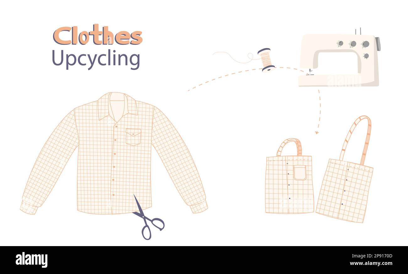 Upcycling-Konzept. Zweite Verwendung von Männerhemden, die in eine Tasche umgebaut wurden. Gruppe von auf weißem Hintergrund isolierten Profilelementen. Stock Vektor
