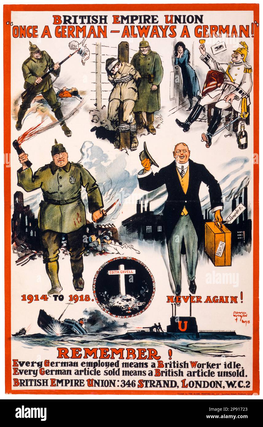 British Empire Union, "Once a German, always a German", politisches Poster von David Wilson, veröffentlicht am Ende des Ersten Weltkriegs, 1918 Stockfoto