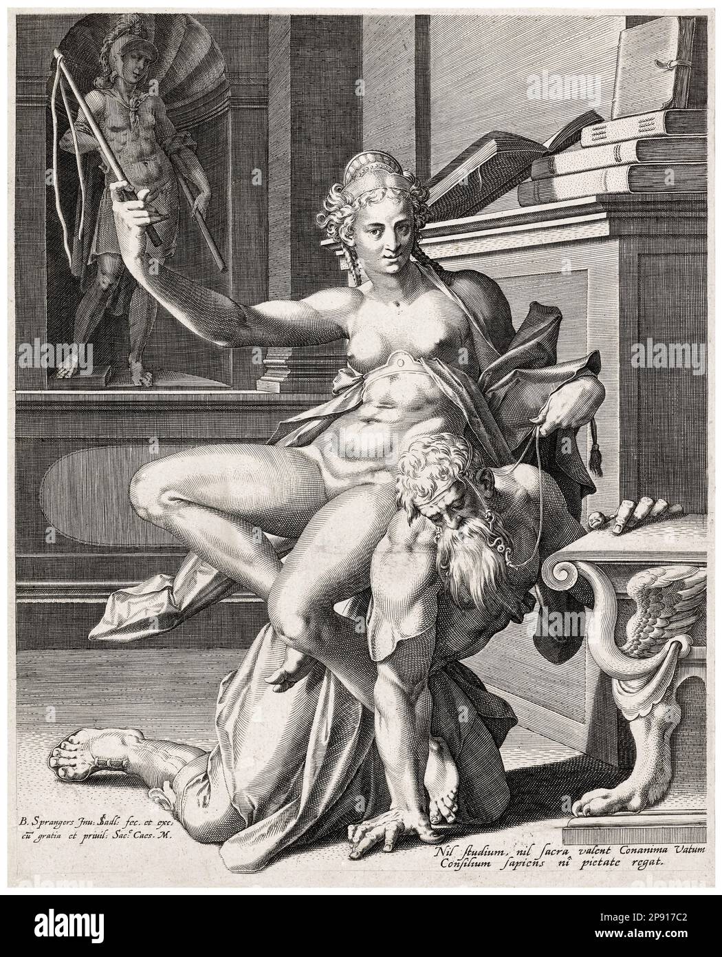 Aristoteles und Phyllis, Gravur von Johann Sadeler I. nach Bartholomeus Spranger 1586-1595 Stockfoto