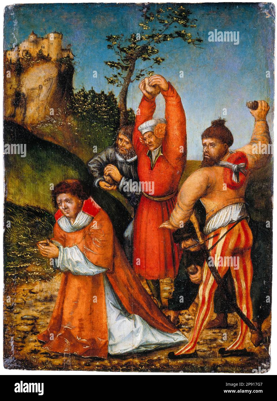 Lucas Cranach, der Ältere und die Werkstatt, die Steinigung von St. Stephen, gemalt in gemischten Medien auf Kalkholz, um 1520 Stockfoto