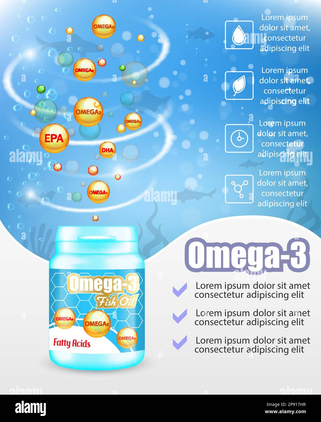 Omega 3 Fischöl Supplements Werbevektor-Postervorlage Stock Vektor