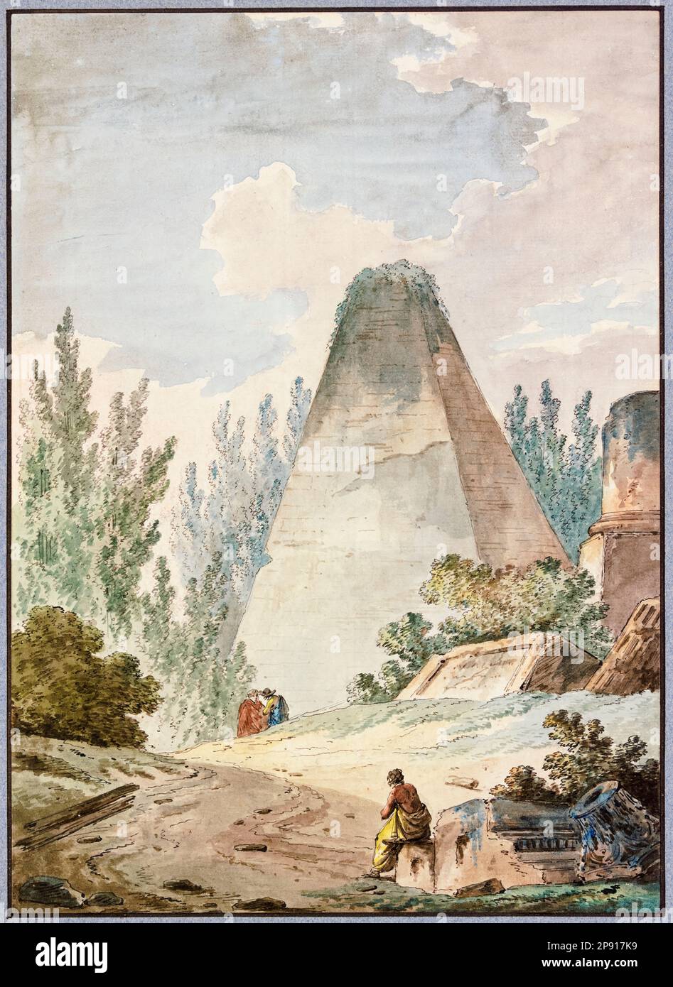 Pyramide mit einem kaputten Dach in einer Landschaft mit antiken Ruinen, Aquarellgemälde von Hubert Robert, vor 1808 Stockfoto