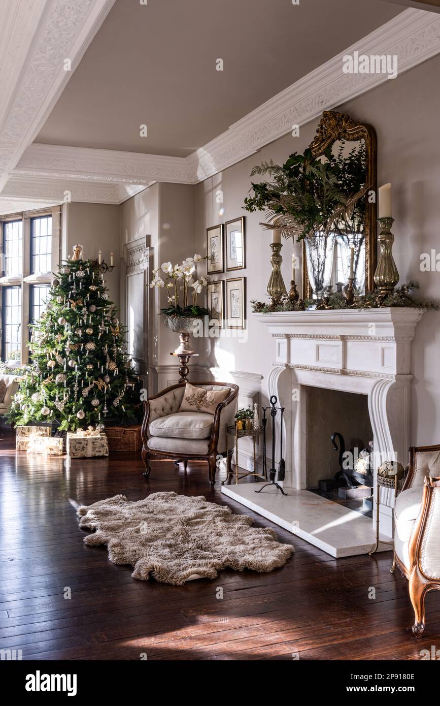 Teppich aus Schafsleder am Kamin mit Weihnachtsbaum im Landhaus im Art & Crafts Stil, Kent, Großbritannien Stockfoto