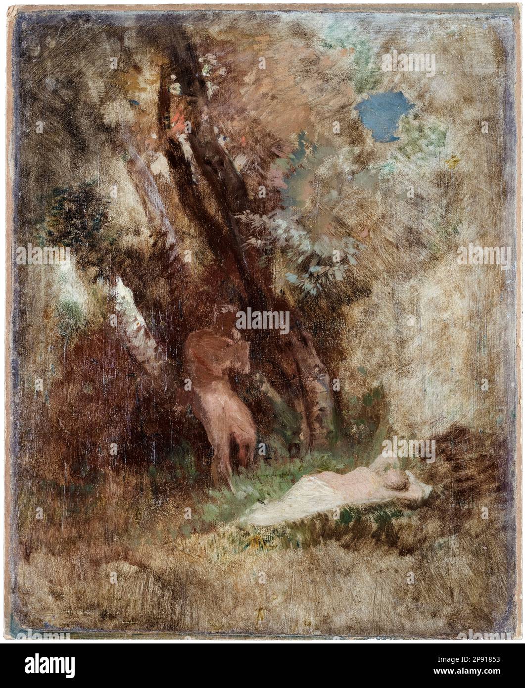 Arnold Böcklin, Woodland Landscape mit Faun und Nymph, Ölmalerei auf Leinwand auf Pappe, ca. 1859 Stockfoto