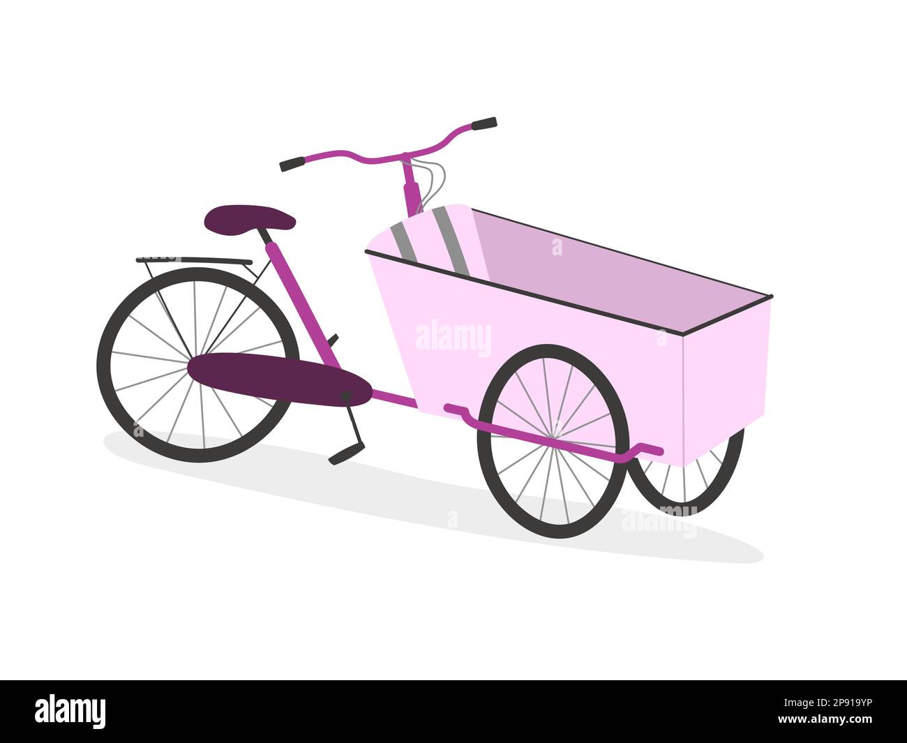 Eltern-Cargo-Bike mit drei Rädern, Boxenfahrrad. Pinkfarbener Cartoon realistische Backwaren auf weißem Hintergrund. Stock Vektor