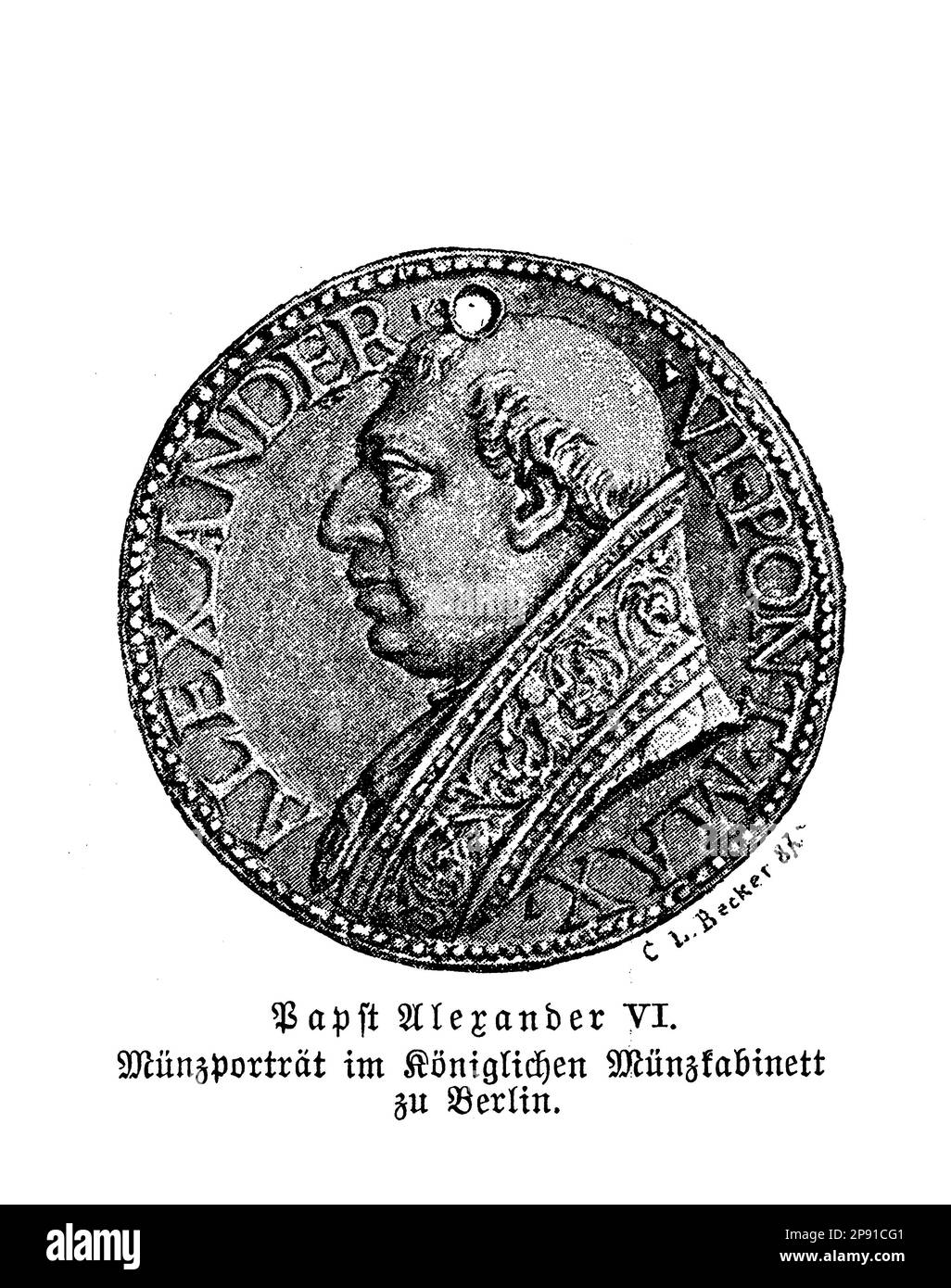 Papst Alexander VI., geboren Rodrigo Borgia, war eine umstrittene Figur, die von 1492 bis 1503 als Papst diente. Er war bekannt für seine politische Raffinesse, seine Schirmherrschaft der Künste und Korruption, einschließlich der Beförderung seiner Kinder in hohe Positionen in der Kirche. Sein Pontifikat war von Skandalen und Konflikten geprägt, aber er überwachte auch wichtige künstlerische und kulturelle Entwicklungen in Rom Stockfoto
